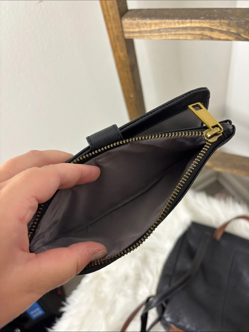 Fossil Black Leather Backpack and Wallet Set with Brown Accent